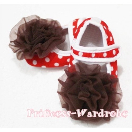 Baby Red White Poika Dot Crib Shoes with Brown Rosettes S84 