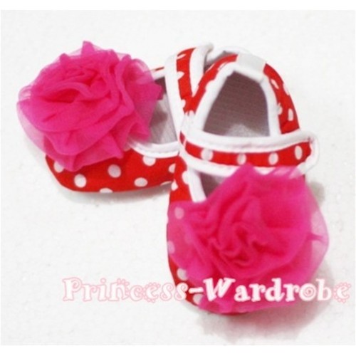 Baby Red White Poika Dot Crib Shoes with Hot Pink Rosettes S86 