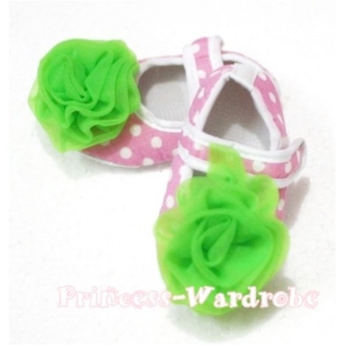 Baby Light Pink White Poika Dot Crib Shoes with Dark Green Rosettes S93 