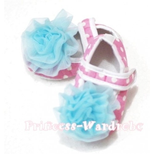 Baby Light Pink White Poika Dot Crib Shoes with Light Blue Rosettes S94 