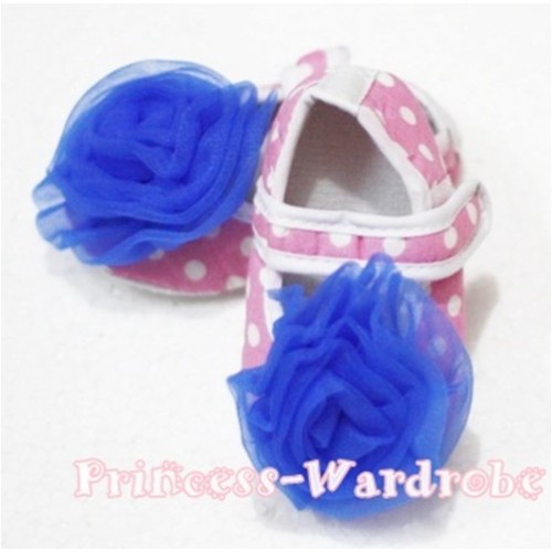 Baby Light Pink White Poika Dot Crib Shoes with Royal Blue Rosettes S95 