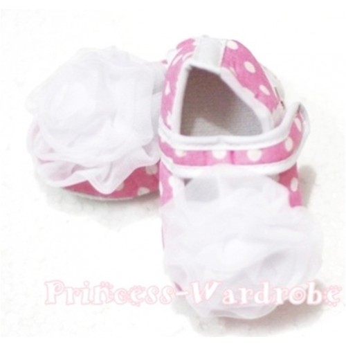 Baby Light Pink White Poika Dot Crib Shoes with White Rosettes S99 