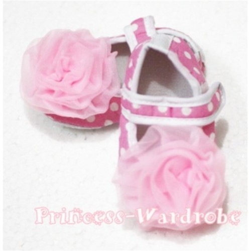 Baby Light Pink White Polka Dot Crib Shoes with Light Pink Rosettes S101 