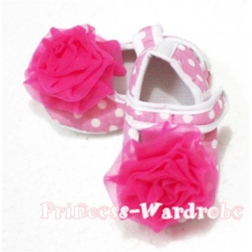 Baby Light Pink White Polka Dot Crib Shoes with Hot Pink Rosettes S102 