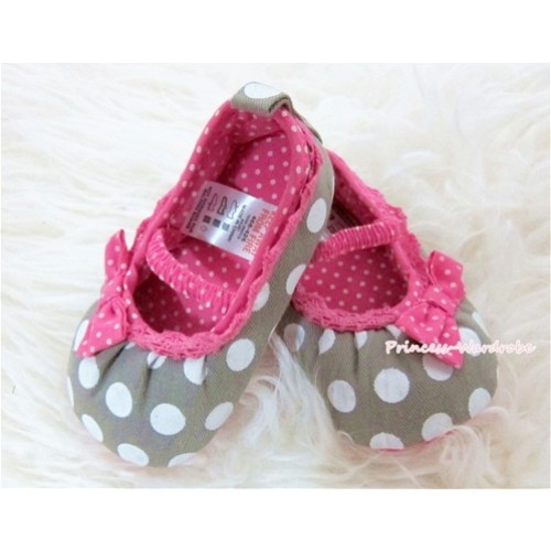 Grey White Polka Dots Shoes With Hot Pink White Polka Dots Bow Crib Shoes S455 