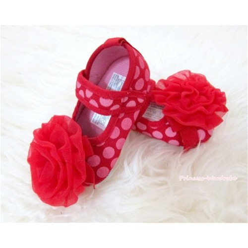 Red Light Pink Polka Dots With Red Rosettes Crib Shoes S458 