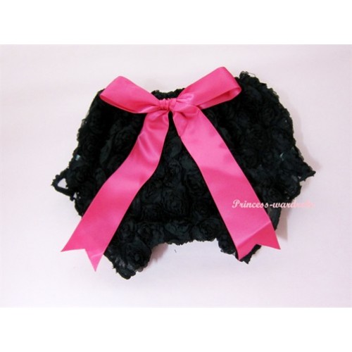 Black Romantic Rose Panties Bloomers With Hot Pink Bow BR05 