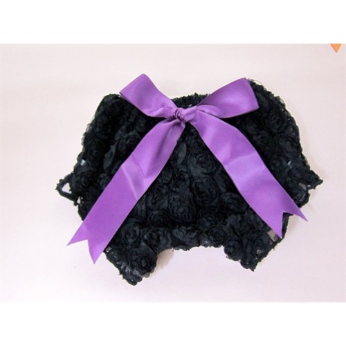 Black Romantic Rose Panties Bloomers With Dark Purple Bow BR07 