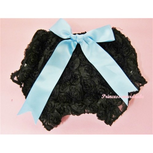 Black Romantic Rose Panties Bloomers With Light Blue Bow BR10 