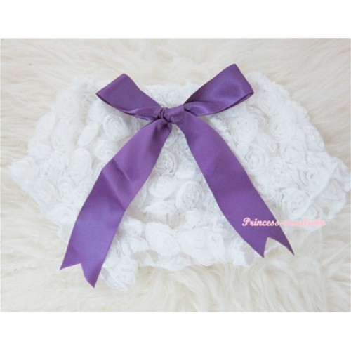 White Romantic Rose Panties Bloomers With Dark Purple Bow BR18 