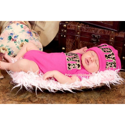 Hot Pink Baby Jumpsuit with Leopard Love Print with Cap Set JP02 