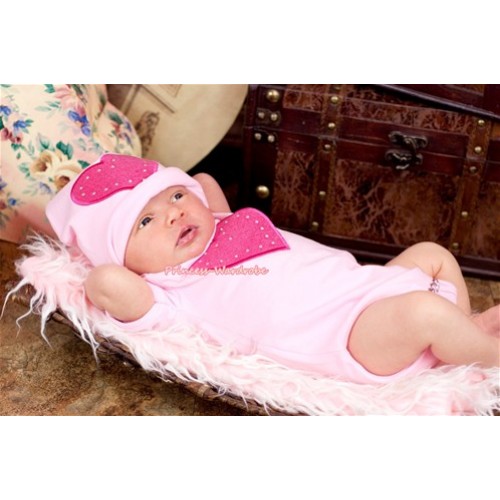 Light Pink Baby Jumpsuit with Hot Pink Heart Print with Cap Set JP03 