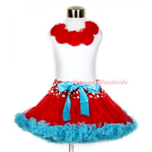 White Tank Top with Red Rosettes & Minnie Dots Waist Red Peacock Blue Pettiskirt MG767 