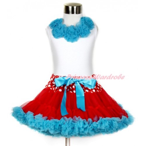 White Tank Top with Peacock Blue Rosettes & Minnie Dots Waist Red Peacock Blue Pettiskirt MG768 