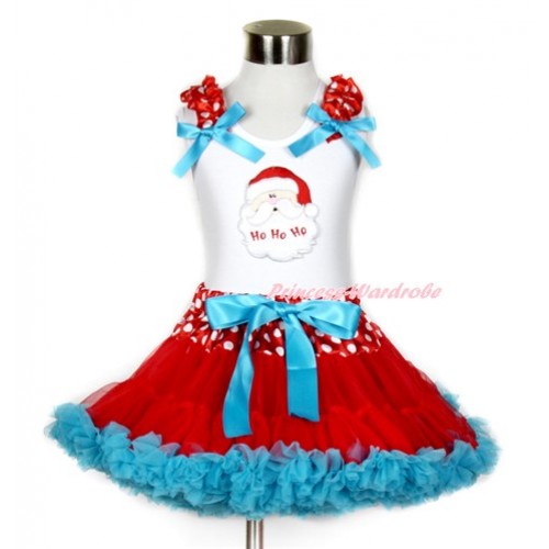 Xmas White Tank Top with Santa Claus Print with Minnie Dots Ruffles & Peacock Blue Bow & Minnie Dots Waist Red Peacock Blue Pettiskirt MG772 