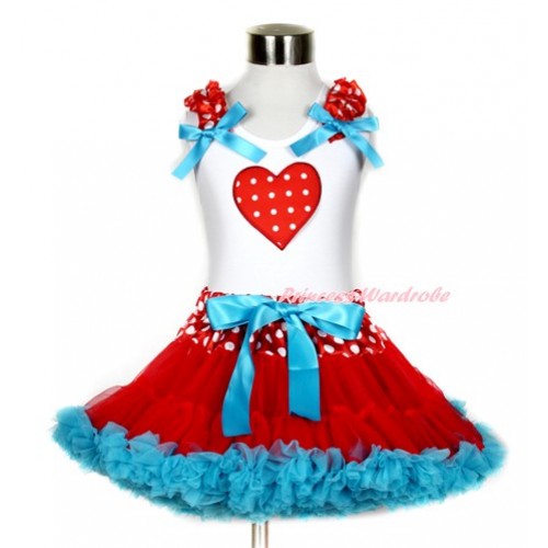 White Tank Top with Red White Dots Heart Print with Minnie Dots Ruffles & Peacock Blue Bow & Minnie Dots Waist Red Peacock Blue Pettiskirt MG776 