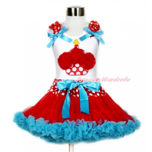 White Tank Top with Red Rosettes Minnie Dots Birthday Cake Print with Minnie Dots Ruffles & Peacock Blue Bow & Minnie Dots Waist Red Peacock Blue Pettiskirt MG777 