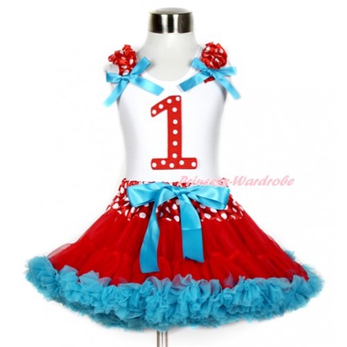White Tank Top with 1st Red White Dots Birthday Number Print with Minnie Dots Ruffles & Peacock Blue Bow & Minnie Dots Waist Red Peacock Blue Pettiskirt MG778 