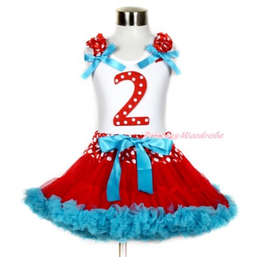 White Tank Top with 2nd Red White Dots Birthday Number Print with Minnie Dots Ruffles & Peacock Blue Bow & Minnie Dots Waist Red Peacock Blue Pettiskirt MG779 