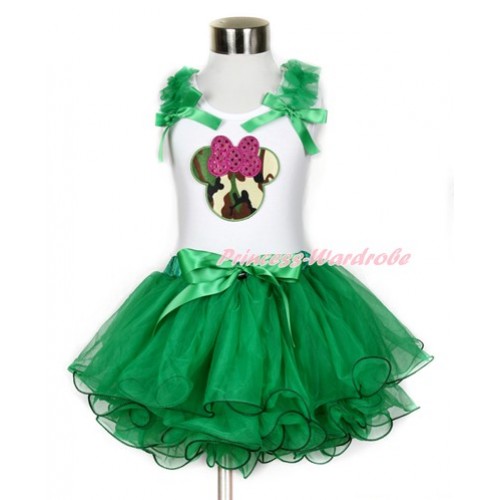 White Tank Top With Kelly Green Ruffles & Kelly Green Bow & Sparkle Hot Pink Camouflage Minnie Print With Kelly Green Bow Kelly Green Petal Pettiskirt MG782 