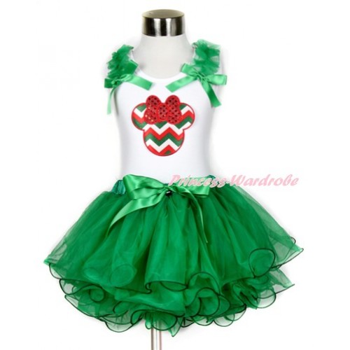 Xmas White Tank Top With Kelly Green Ruffles & Kelly Green Bow & Red White Green Wave Minnie Print With Kelly Green Bow Kelly Green Petal Pettiskirt MG783 