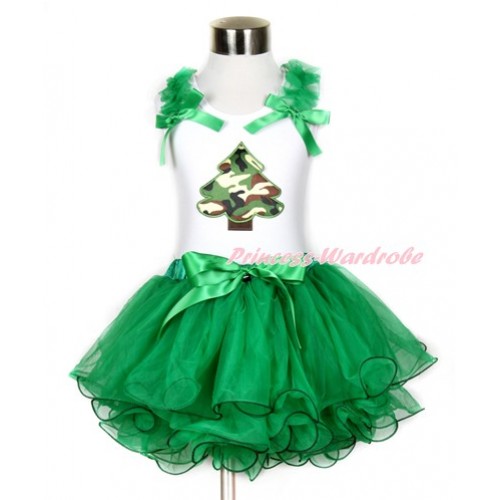 Xmas White Tank Top With Kelly Green Ruffles & Kelly Green Bow & Camouflage Christmas Tree Print With Kelly Green Bow Kelly Green Petal Pettiskirt MG785 