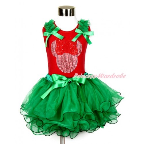 Xmas Red Tank Top With Kelly Green Ruffles & Kelly Green Bows & Sparkle Crystal Bling Red Minnie Print With Kelly Green Bow Kelly Green Petal Pettiskirt CM147 