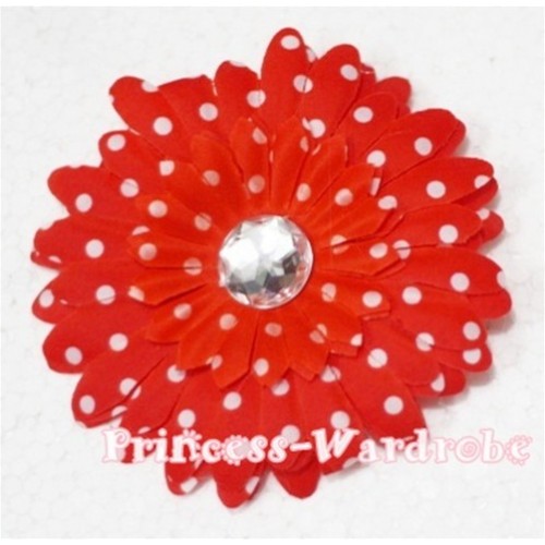 Red White Polka Dot Crystal Daisy Hair Pin H164 