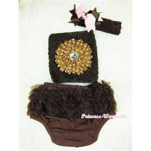 Brown Layer Panties Bloomers with Brown White Dolka Dots Flower Brown Crochet Tube Top and Brown Light Pink Bow Brown Headband 3PC Set CT362 