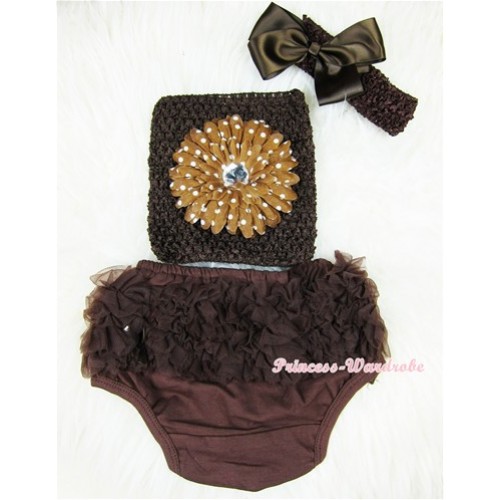 Brown Layer Panties Bloomers with Brown White Dolka Dots Flower Brown Crochet Tube Top and Brown Bow Brown Headband 3PC Set CT363 