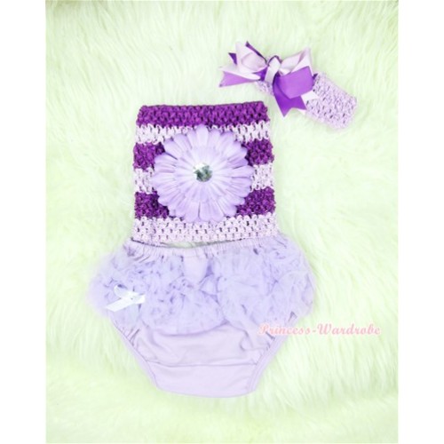 Light Purple Layer Panties Bloomers with Dark Purple Flower Dark Purple Lavender Crochet Tube Top and Dark Purple Lavender Bow Lavender Headband 3PC Set CT369 