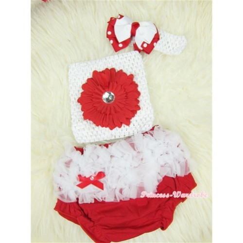 White Ruffles Red Bloomers with Red Flower White Crochet Tube Top and Minnie Dots White Bow White Headband 3PC Set CT371 