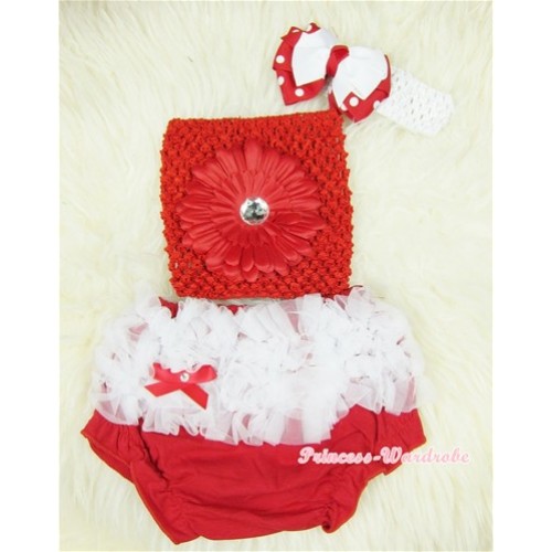 White Ruffles Red Bloomers with Red Flower Red Crochet Tube Top and Minnie Dots White Bow White Headband 3PC Set CT372 