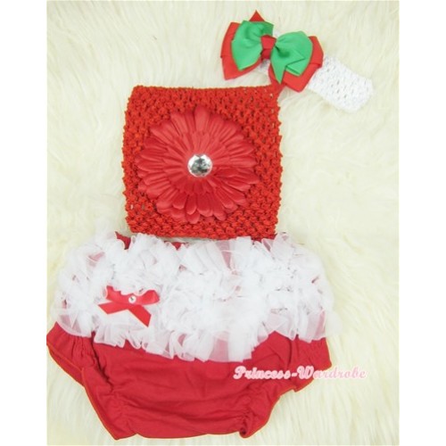 White Ruffles Red Bloomers with Red Flower Red Crochet Tube Top and Red Green Bow White Headband 3PC Set CT373 