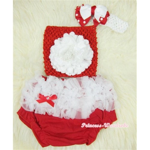 White Ruffles Red Bloomers with White Peony Red Crochet Tube Top and Minnie Dots White Bow White Headband 3PC Set CT374 