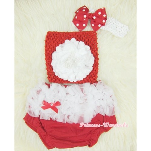 White Ruffles Red Bloomers with White Peony Red Crochet Tube Top and Minnie Dots Bow White Headband 3PC Set CT375 