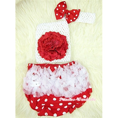 White Ruffles Minnie Dots Bloomers with Red Peony White Crochet Tube Top and Minnie Dots Bow White Headband 3PC Set CT380 