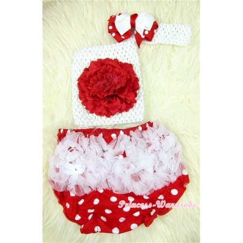 White Ruffles Minnie Dots Bloomers with Red Peony White Crochet Tube Top andMinnie Dots White Bow White Headband 3PC Set CT381 