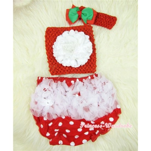 White Ruffles Minnie Dots Bloomers with White Peony Red Crochet Tube Top and Red Green Bow Red Headband 3PC Set CT382 
