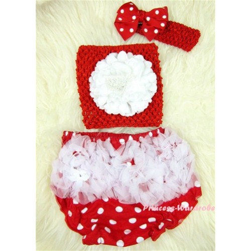 White Ruffles Minnie Dots Bloomers with White Peony Red Crochet Tube Top and Minnie Dots Bow Red Headband 3PC Set CT384 