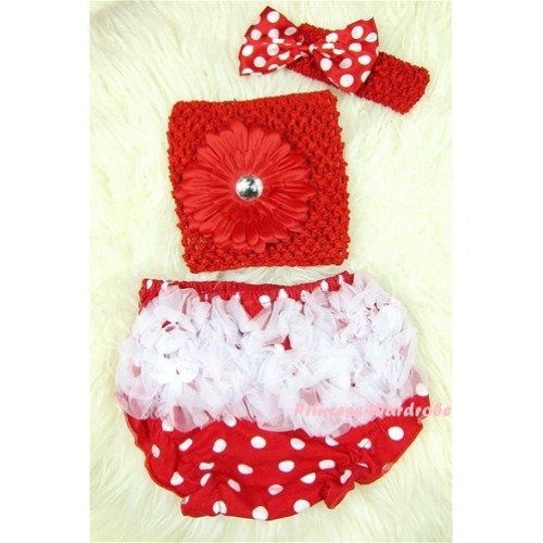 White Ruffles Minnie Dots Bloomers with Red Flower Red Crochet Tube Top and Minnie Dots Bow Red Headband 3PC Set CT385 