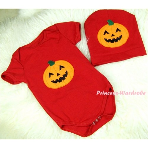 Red Baby Jumpsuit with Pumpkin Print with Cap Set JP06 