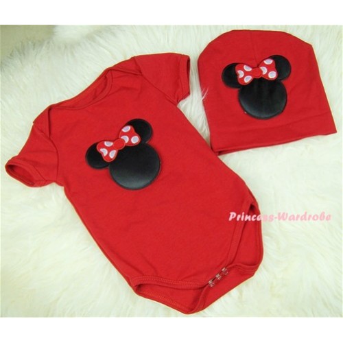 Red Baby Jumpsuit with Minnie Print with Cap Set JP07 