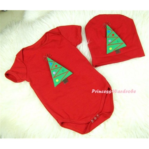 Red Baby Jumpsuit with Christmas Tree Print with Cap Set JP10 