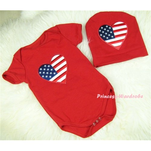 Red Baby Jumpsuit with America Flag Heart Print with Cap Set JP11 