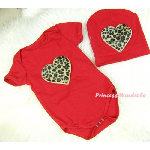 Red Baby Jumpsuit with Leopard Heart Print with Cap Set JP13 