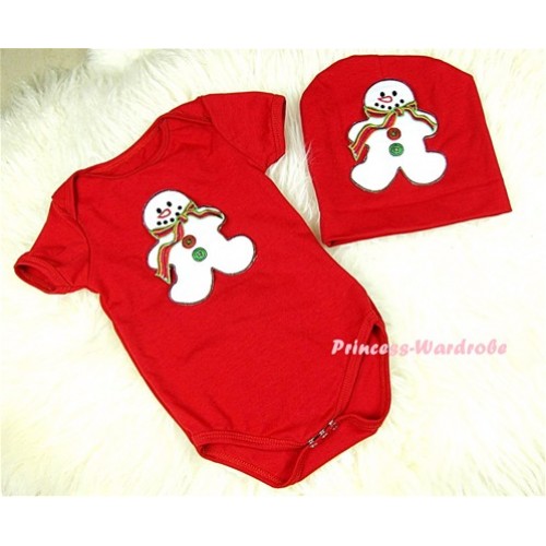 Red Baby Jumpsuit with Christmas Gingerbread Snowman Print with Cap Set JP15 