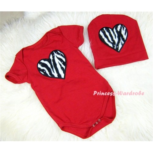 Red Baby Jumpsuit with Zebra Heart Print with Cap Set JP17 