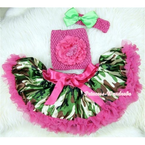 Hot Pink Camouflage Baby Pettiskirt, Hot Pink Peony Hot Pink Crochet Tube Top, Hot Pink Headband Green Bow 3PC Set CT392 