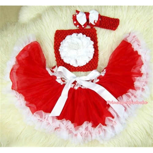 Red White Mixed Baby Pettiskirt, White Peony Red Crochet Tube Top,Red Headband Minnie Dots White Bow 3PC Set CT413 